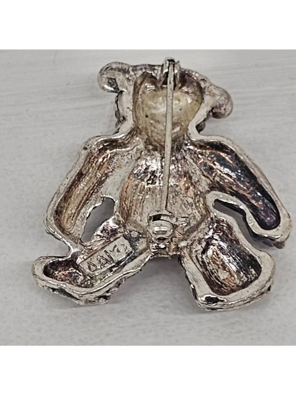 Vintage AAI Signed Teddy Bear Brooch  Textured Silver Tone Red...